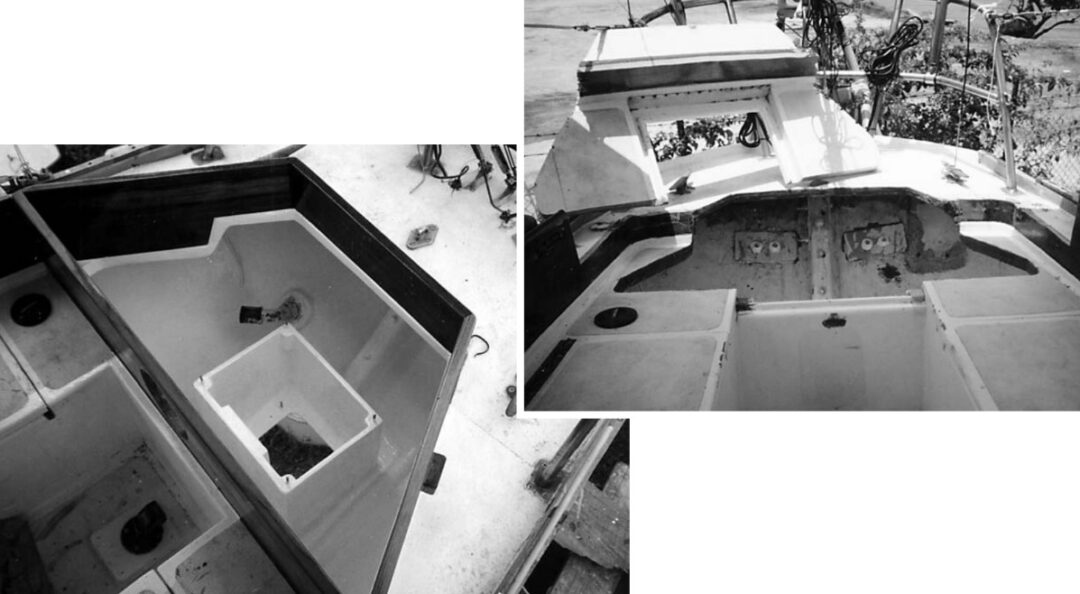 Step one, at right: cut a large piece out of Islander’s afterdeck. Job finished, at left: ready to set outboard in place.