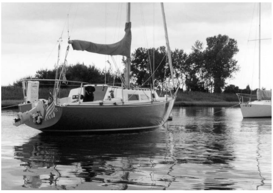 Genesis II, a 1971 Gary Mull-designed Ranger 26 owned by Richard Dinardo, at her mooring on Long Island Sound in Guilford, Conn.