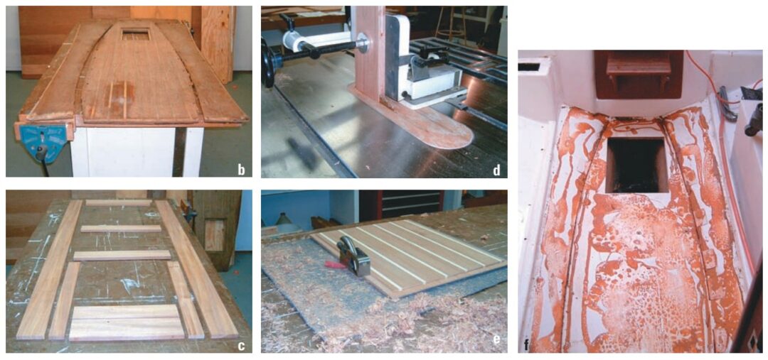 The previous sole was preserved as a pattern at upper left, a rough frame was made of milled mahogany, lower left, a tennoning jig was used to cut the stiles, top center, the tongue was planed to fit, lower center, and glue was applied to the stripped and prepared fiberglass sole, at right.