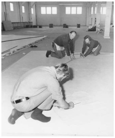 The original lofting of the 36’s lines by Bob Wallstrom, John Perring, and Jim Marsh onto the Cabotcraft shop floor back in 1973.