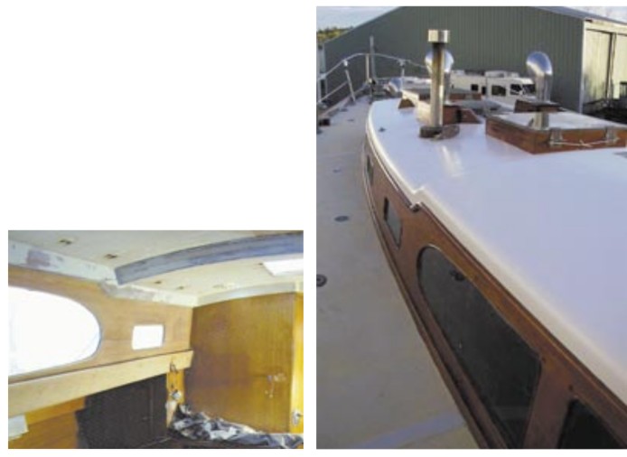 The work on deck was no less daunting than the interior project. The ports leaked, the fiberglass cabintop was cracked and peeling, and lifted varnish was everywhere. The first spring consisted of rebedding ports in an effort to quell the leaks and stripping and varnishing the exterior cabin sides. Christmas spent the next winter under cover as all cabintop parts and hardware were removed, renewed, and reinstalled on the repaired and freshly painted cabintop.