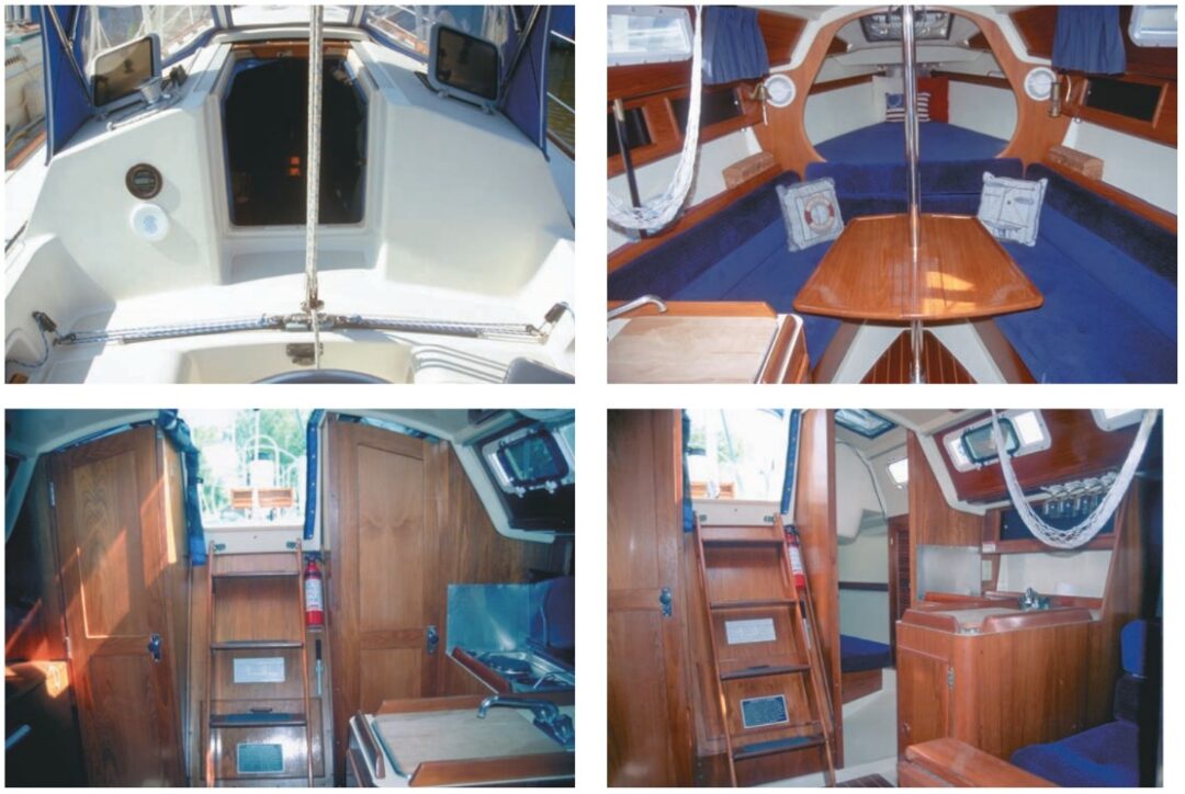 Companionway with traveler on bridge deck, top left. View forward with the table open, top right. Looking aft, left door to head, right door to aft cabin, bottom left. Looking aft at galley and open door to aft cabin, bottom right.