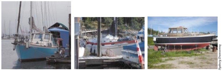Pinta, a Pacific Seabird 37, had an ungainly forward cabin, at left. The Bayliner Buccaneer 320, Morning Wind, was for sale but not for sale, center. The Nauticat 33, Moomintroll, was only nominally for sale, at right.