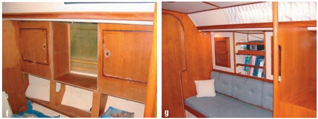 The starboard settee was modified with new cabinets to match those on the port side, before and after views.