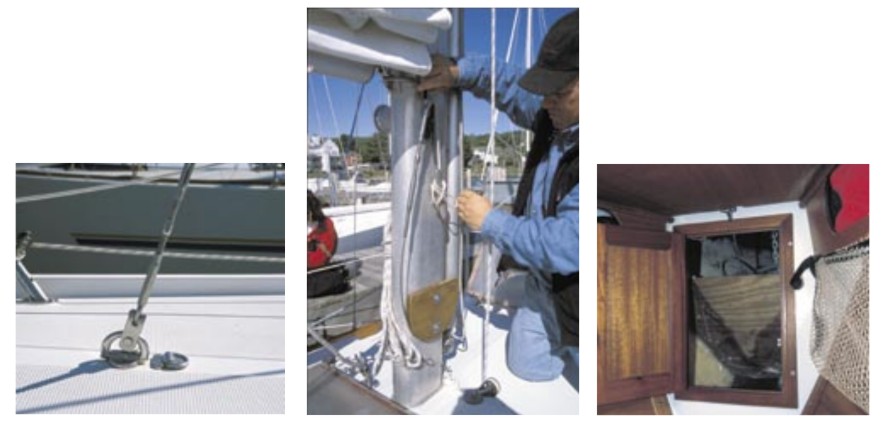 An inner forestay (added by the previous owner for use in rough weather) is stowed along the mast and fastened to the deck when needed. An added partition in the chain locker allows the load of the inner forestay to pass through the locker to the hull.