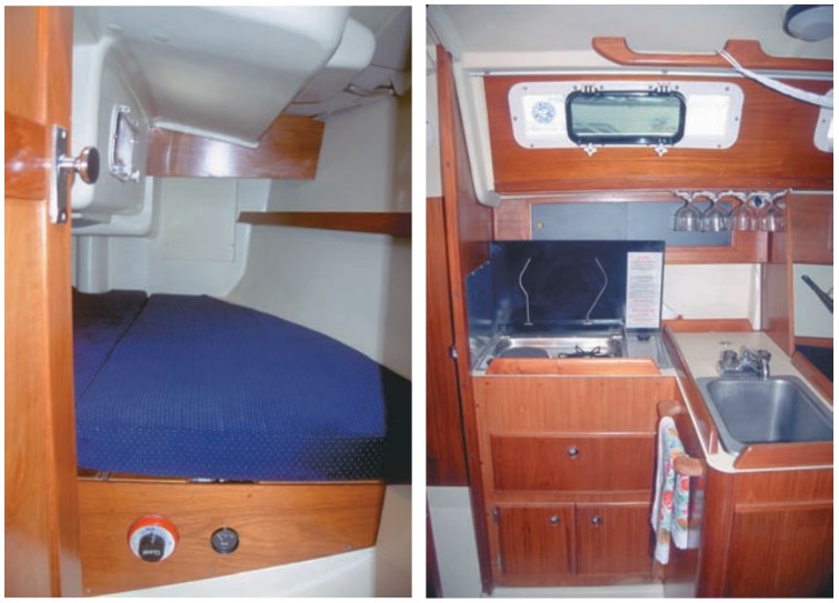 Looking into aft cabin, at left. L-shaped galley to port, at right.
