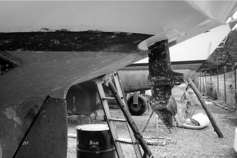 View of motor installed in well. Notice the original prop cutout ahead of the rudder has been filled in to reduce turbulence.