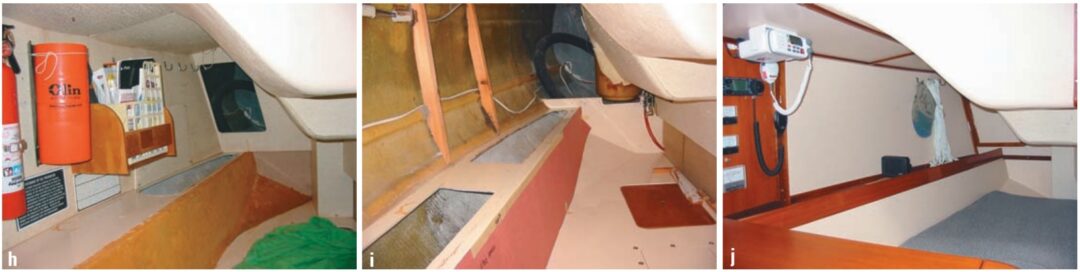 The fabric hull liner covering in the quarter berth was removed and replaced with Formica, before and after. left and right. Storage space was revealed, center, between the hull liner and converted to additional lockers.