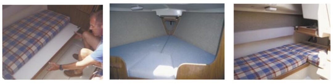 The O’Day 23’s cabin has two center-facing settee berths, one of which converts to a double with the use of a pullout shelf, as Joe Smith demonstrates at left, and a V-berth with an insert, center. The galley unit above the starboard settee is shown in a stowed position at right.