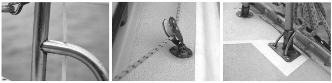 Corrosion fatigue or possibly fretting corrosion, at left, beginning to take place where a brace is welded to the stanchion. An oxygen differential cell has developed beneath the fairlead, center, and active corrosion is taking place. Oxygen deprivation is occurring where the stanchion is in the base, at right. This is interrupting the formation of the protective oxide film on the metal’s surface and corrosion is taking place.