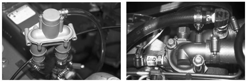 An anti-siphon valve is installed in the raw-water output line, at left. Note that this Vetus valve has an overflow tube going into the bilge, so drops of salt water don’t fall on the engine. At right, since the engine fittings that connect to the hoses feeding the hot-water tank’s heat exchanger were not available from Yanmar, these brass adapters, purchased from Maryland Metric, provide the interface between the engine’s British standard pipe threads and U.S. standard pipe fittings.