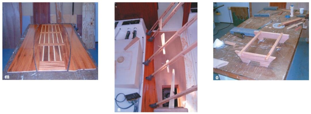 All three pieces of the sole were trimmed and readied for installation, at left; the sole was clamped while the glue set, center. A special frame was constructed for the bilge hatch, at right.