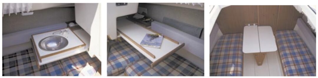 The starboard galley unit is partially deployed, at left. Additional counter space for a cook stove and meal preparation is available in a similar manner on the port side, center. A drop-leaf table, at right, contributes even more counter space in a compact 23 feet.