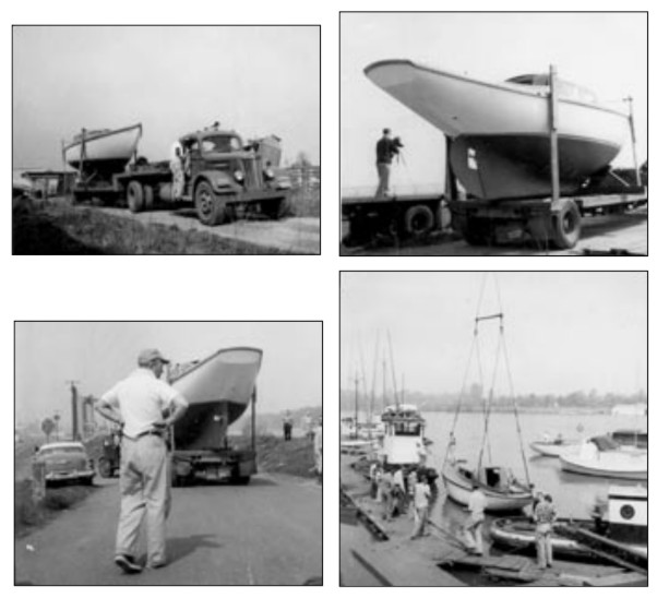 Towing Chinook No. 1 to launch, upper left. A local newspaper reporter covers the first launch, upper right. Tom Green oversees the launch of Tag, the first Chinook, owned by Jarvis Gould, lower left. The first launch: Tag floats in Portland, Oregon, April 20, 1956, lower right.