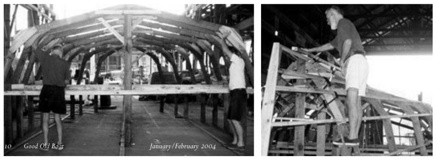 Alan Lucas and Bill Pool setting up the frames, at left. Alan prepares to add the marine ply just 2 weeks after the hull was first lofted, at right.
