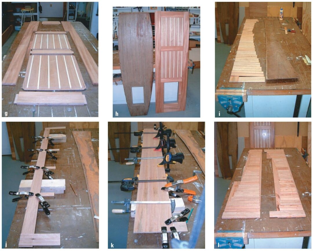Even without the finish, the new sole is a big improvement, upper left; a before-and-after view emphasizes the point, top center. To take a curve, the side pieces were constructed of 7/32-inch thick strips, top right, then strips were glued to the floor panels to serve as glue surfaces, lower left, and the second long piece was set in place and clamped, lower center. The underside of the side pieces prior to trimming, lower right.