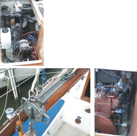 The machinery spaces on Aldebaran, an A model, are accessed through the cockpit seat hatches. Aldebaran has her original Atomic 4 thanks to a rebuild by Don Moyer of Moyer Marine and an improved propeller by Indigo Electronics. Note the screw and crank for tensioning the outhaul on the roller reefing boom, below.