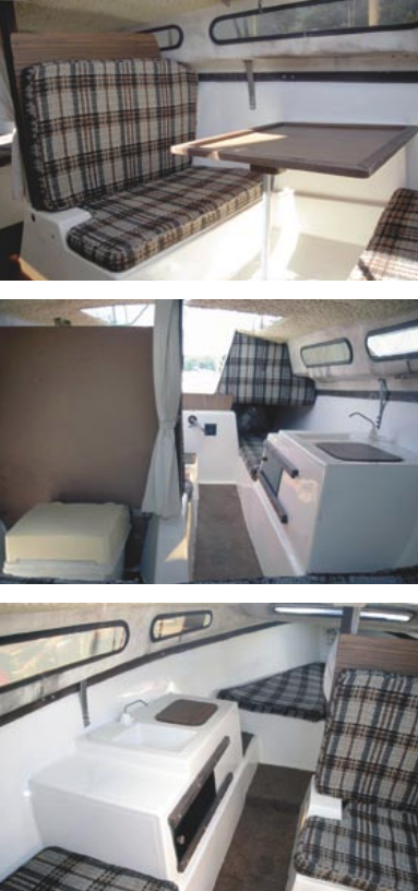 The dinette on the starboard side, top. View from the V- berth aft, center. The galley lies on the port side, bottom.