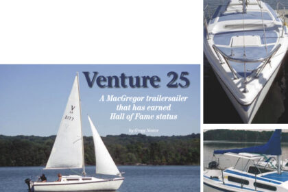 Blain Popp, of Pittsburgh, Pennsylvania, sails Tobenamed, his 1979 Venture 25, on facing page. It is shown at the dock, at right. Notice the fitting for securing the mast, which doubles as a tripping hazard. A view of the pop-top in the raised position (increasing headroom to 6 feet 1 inch), below.