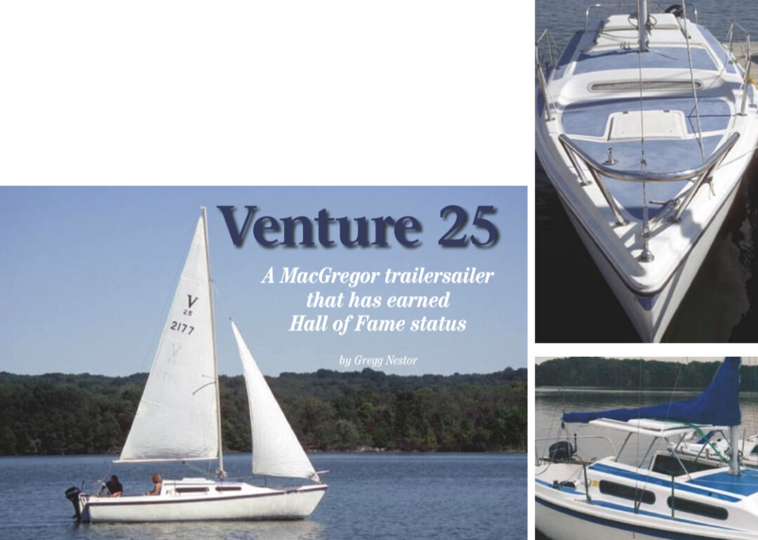 Blain Popp, of Pittsburgh, Pennsylvania, sails Tobenamed, his 1979 Venture 25, on facing page. It is shown at the dock, at right. Notice the fitting for securing the mast, which doubles as a tripping hazard. A view of the pop-top in the raised position (increasing headroom to 6 feet 1 inch), below.