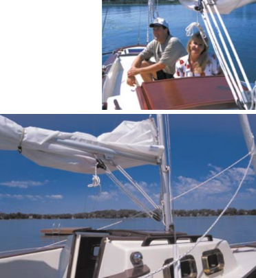 Hal and Jen Newell can take pleasure in a job well done, above. Hal turns restoration into an art form, and Jen is assistant No. 1. Brand-new portlights sparkle and brand-new sails dress up Halcyon in style, below.