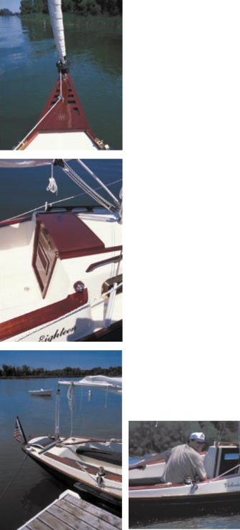 Photos at left: From the refinished bowsprit to the flag on her stern, Halcyon is new or renewed. Little more than the decal in the center photo, proclaiming her to be a Victoria 18, and the deck paint beneath that, is original. Below: When Hal looks back over his shoulder, he has no regrets.