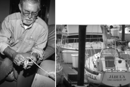 John Vigor creating a Turk’s Head, facing page. Jabula, the Vigor’s Cape Dory 25D, has been replaced by Sangoma, a Cape Dory 27. But the Vigors still miss Freelance, the Performance 31 which brought them to Florida from South Africa.