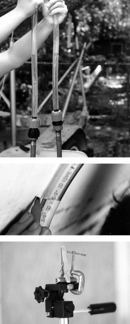 Top two images: using the hose trick, which allows water to seek its own level, taking advantage of gravity. At bottom: laser pointer technology with author Chuck Fort’s scientifically devised and patented clothespin device . . . available at better stores everywhere.