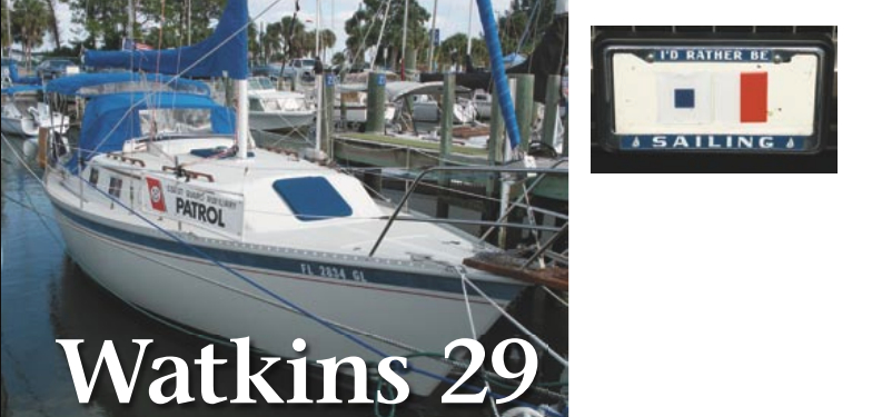 Frank Fitzhenry’s license plate, above, depicts the signal flags “S” and “H,” for Safety Harbor, Florida, the town where he keeps his boat. His Watkins 29 sloop, at left, is one of the few sailboats registered as a U.S. Coast Guard Auxiliary patrol boat. He uses it to teach his boating safety students about aids to navigation, knotwork, and such.