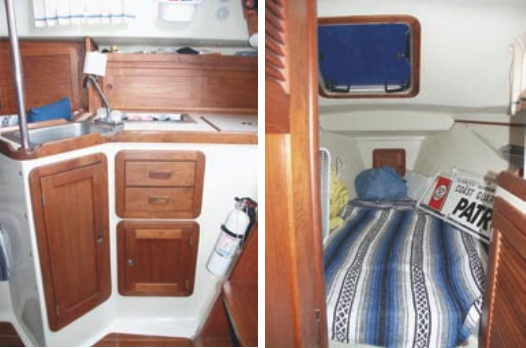 The angled counter, at left, provides more space in the galley. Teak cabinets, trim, and bulkheads add warmth to the interior. Frank uses the V-berth, at right, for storage when he’s not on an overnight cruise. The door to port encloses the head. A hanging closet is to starboard.