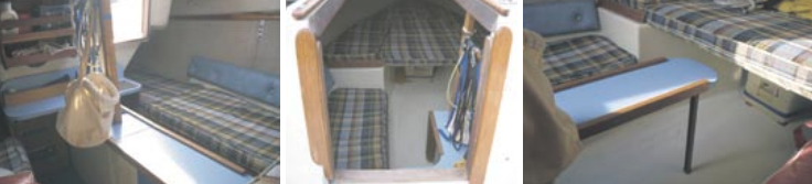 The cabin area has no bulkheads. Looking aft shows the narrow companionway, two bunks, and the wooden compression post, in photo at left. The view forward, in center and righthand photos, shows the V-berth with the Porta Potti hidden beneath the cushions and a small drop-leaf table.