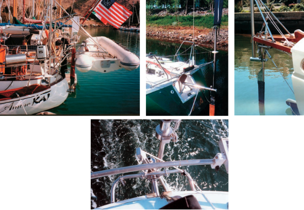 Horn installations, on facing page above. The first, on a Tayana, shows the creativity necessary to integrate a windvane on a very busy stern. The second, on a Kirby, shows the modifications to make a vane fit with a stern cutout. The third, on a Bristol, shows the modifications to fit a windvane with a boomkin. On facing page at bottom: looking down at a Norvane windvane.