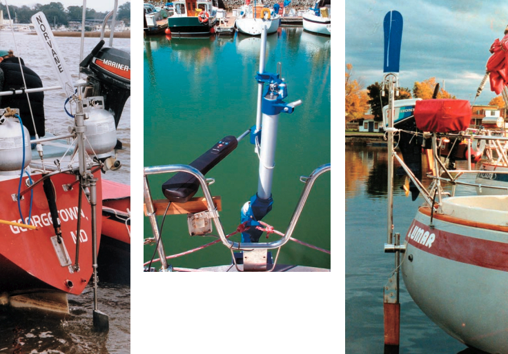 A Norvane installation, at left. The Sailomat installation, center, allows for autohelm steering . . . a help when the wind doesn’t blow. A typical Cape Horn installation is shown, at right.