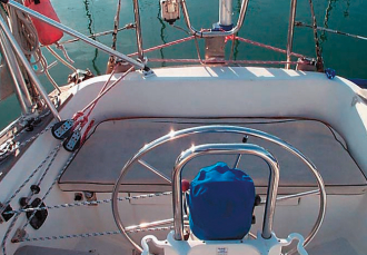A Sailomat installation leads lines off to one side of the helm so climbing over lines is unnecessary.