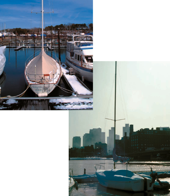 Winter in Kingman’s Marina in Cataumet, Mass., and in Constitution Marina in Charleston, Mass.