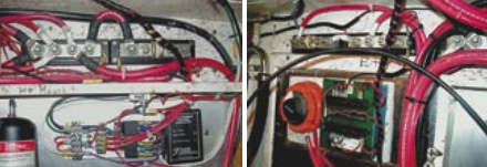 The wiring for the house battery for the solar cells, at left, and the engine battery wiring, at right.