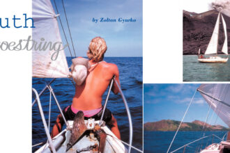 On the previous page, Zoltan contemplates the endless horizon while under way to Palau Payar Marine Park. This page top, The Way sails near New Britain, Papua New Guinea. Behind the boat is the volcano that destroyed the town of Rabaul in the early 1990s. At left, the Pearson Commander is underway to Espirito Santo, one of the more populated northern islands in the Vanuatu archipeligo.