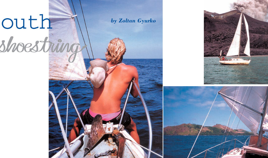 On the previous page, Zoltan contemplates the endless horizon while under way to Palau Payar Marine Park. This page top, The Way sails near New Britain, Papua New Guinea. Behind the boat is the volcano that destroyed the town of Rabaul in the early 1990s. At left, the Pearson Commander is underway to Espirito Santo, one of the more populated northern islands in the Vanuatu archipeligo.