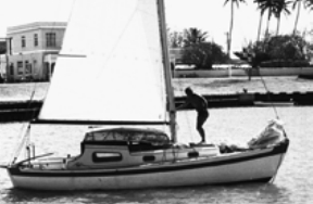 I believe the smallest size yacht that’s practical for long-distance sailing is this snappy-looking Vertue-class pocket cruiser. She’s a heavy-displacement (9,447 lb) 25 1⁄2-foot sloop designed by Laurent Giles. American sailor Ed Boden is about to leave Avatiu Harbour on the north shore of Rarotonga in the Cook Islands in the South Pacific. “Making this trip was the greatest adventure of my life,” Ed said.