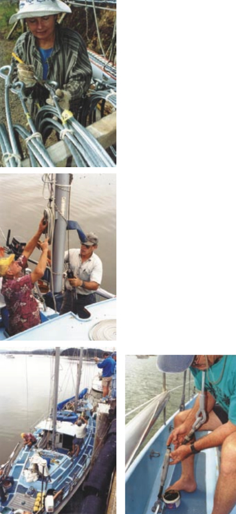 Tere applying the sealer to the new wire, at left above. The mizzen swings back through the doghouse roof, at left center. Securing the mizzen rigging — a ketch once more, at left bottom. The turnbuckles are filled with Lanacote, at right.