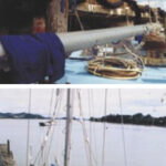 The mizzenmast comes ashore, above. Pulling the masts, below, at Opua Wharf, Bay of Islands, New Zealand.