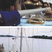 The mizzenmast comes ashore, above. Pulling the masts, below, at Opua Wharf, Bay of Islands, New Zealand.
