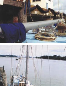 The mizzenmast comes ashore, above. Pulling the masts, below, at Opua Wharf, Bay of Islands, New Zealand.