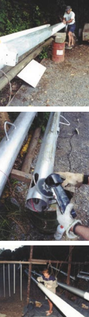 Michael cleans the old paint off the stripped masts, top. Preparing the aluminum spars, center, using a fine random-orbital sander. Tere touches up the overlap from white to silver paint, above. This photo also shows the mast-support gantry and spreaders.