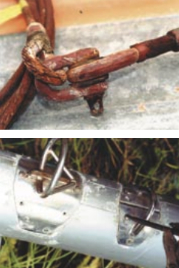 Even this badly corroded stay, top, had plenty of good metal left. Removing all the mast hardware, above.