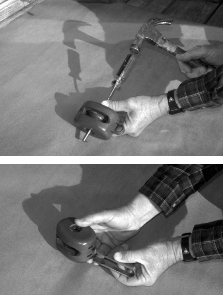After the axle end plates are removed, the axle can be pushed out of the block, at top. At left, with the end plates, axle, and sheave removed, the support strap can be pulled out of the block, leaving the empty wood shell.