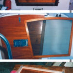 Frank Nowak created a 2⁄3 -sized hatch screen, at top, for his Hunter because a full-sized screen was difficult to stow. He made the screen frame from mahogany left over from making a new set of hatchboards, shown in center photos installed and as a pattern for the screen frame. A close-up view of the screen frame and screen attachment, bottom photo.