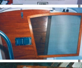 Frank Nowak created a 2⁄3 -sized hatch screen, at top, for his Hunter because a full-sized screen was difficult to stow. He made the screen frame from mahogany left over from making a new set of hatchboards, shown in center photos installed and as a pattern for the screen frame. A close-up view of the screen frame and screen attachment, bottom photo.