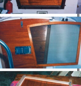 Frank Nowak created a 2⁄3 -sized hatch screen, at top, for his Hunter because a full-sized screen was difficult to stow. He made the screen frame from mahogany left over from making a new set of hatchboards, shown in center photos installed and as a pattern for the screen frame. A close-up view of the screen frame and screen attachment, bottom photo.