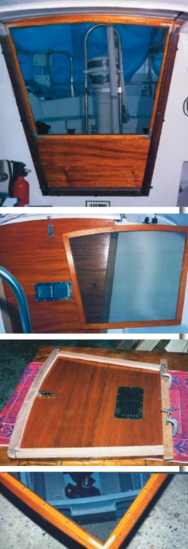 Frank Nowak created a 2⁄3 -sized hatch screen, at top, for his Hunter because a full-sized screen was difficult to stow. He made the screen frame from mahogany left over from making a new set of hatchboards, shown in center photos installed and as a pattern for the screen frame. A close-up view of the screen frame and screen attachment, bottom photo.
